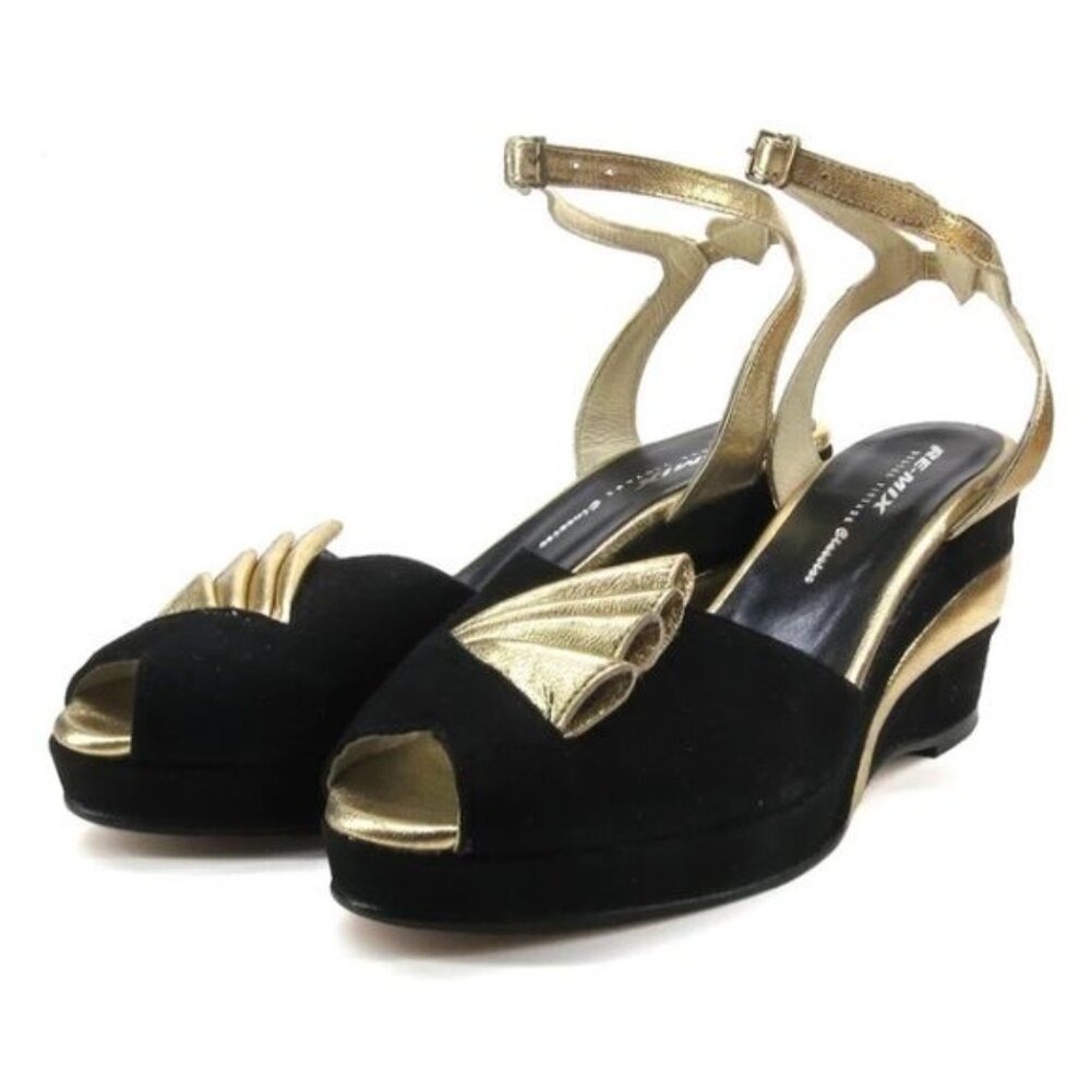 Re-Mix Vintage Shoes Black and Gold Fanfare Wedge